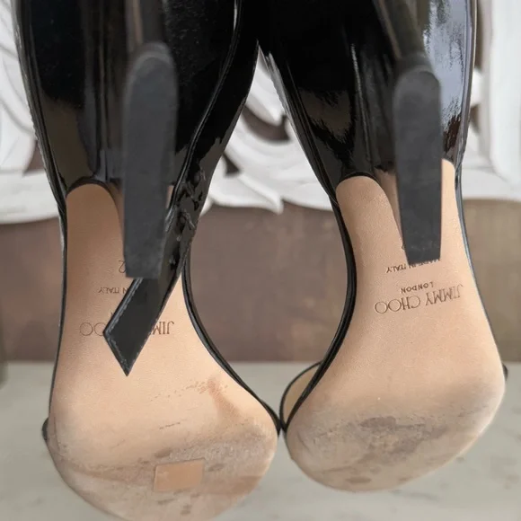 JIMMY CHOO Black patent leather low wedge heel sandals ankle strap